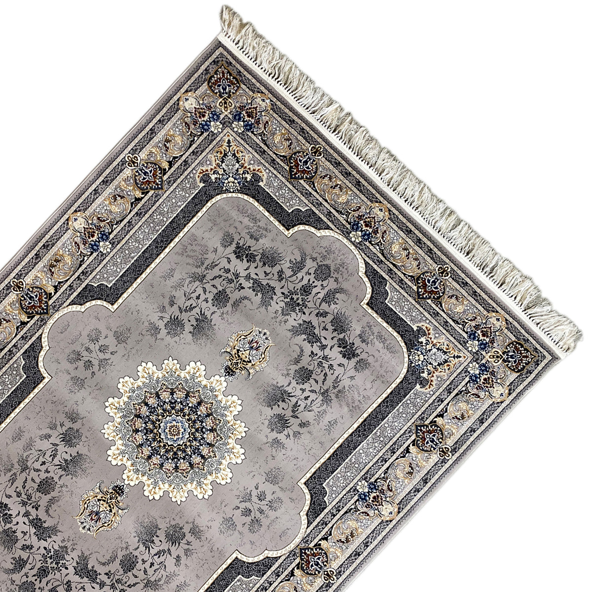 Medallion rug close-up: decorative border, gray with dark stripes, fringes