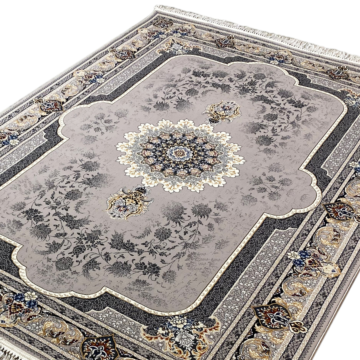 Medallion rug 160x230 diagonal: gray with medallion, floral pattern, and borders