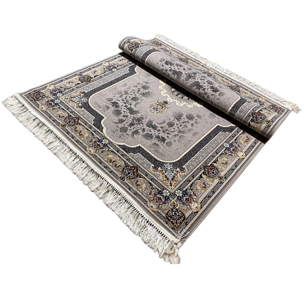 Medallion rug 160x230 rolled, with a medallion pattern, blue-and-gold border, and fringes