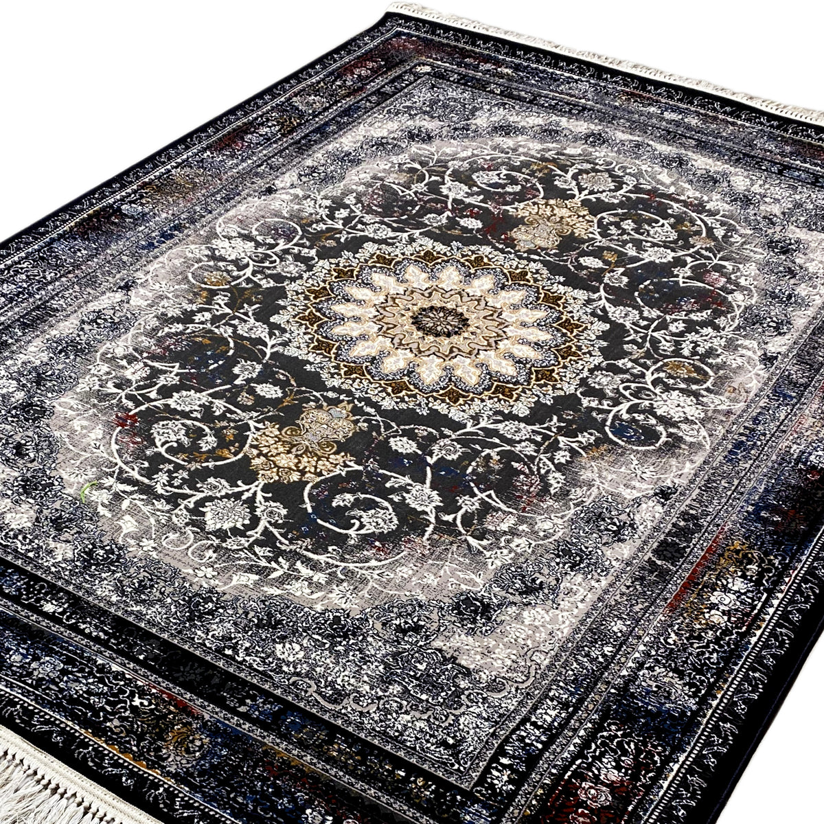 Rectangular rug with medallion and vine pattern, predominantly gray and black, with fringes