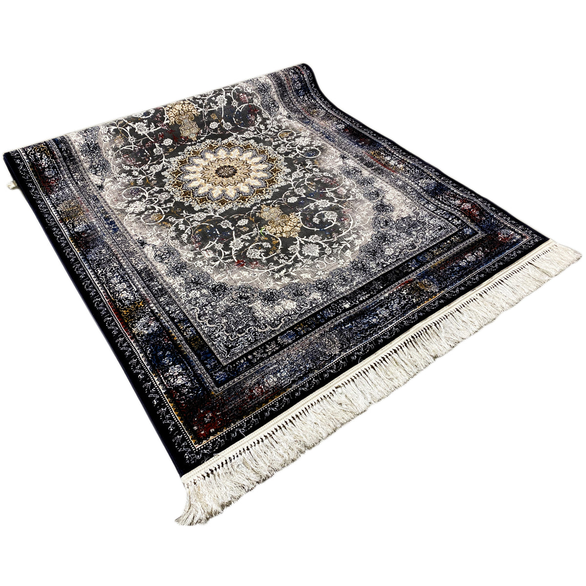 Dark blue Persian rug with a centered medallion, low-contrast gray, fringes along the edges