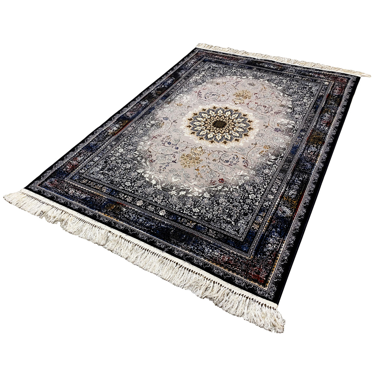 Medallion rug in a flat view, gray-cream center with a gold pattern, dark blue border, fringes
