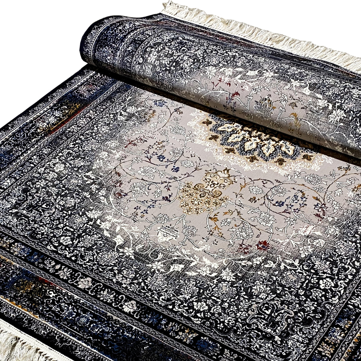 Rug with ornamental medallion, dark blue/black, beige pattern, fringed edge