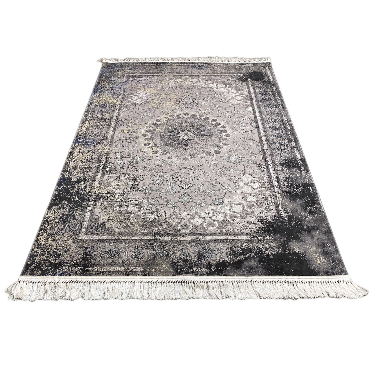 Vintage gray rug with an ornamental pattern, border, and fringes