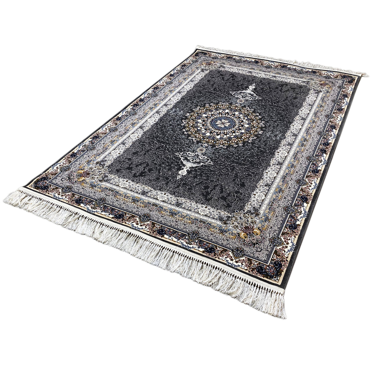 Oriental rug with a central ornamental medallion, dark background, and fringes along the edge
