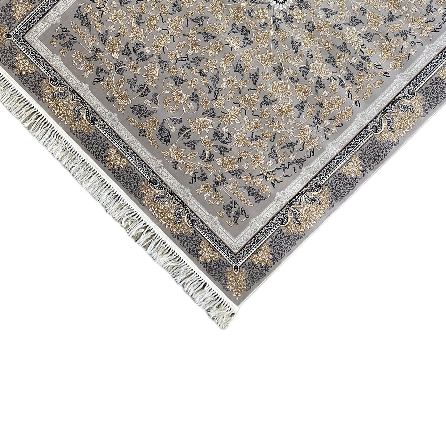 Klassik Teppich maschinell aus Polypropylen in Grau mit Fransen, Rom Edition.