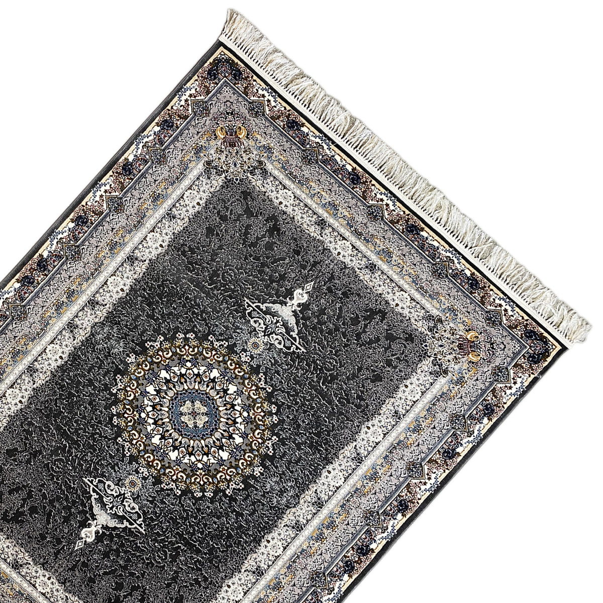 Black oriental rug with an all-around border design, fringes, and a central medallion