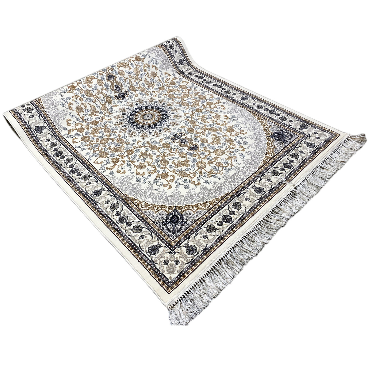 Oriental rug Leyla with a cream-colored pattern, central medallion, border, and fringes