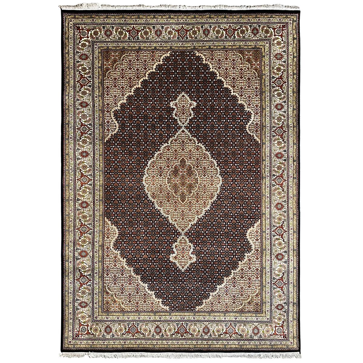 Brown Indo-Tabriz rug, rectangular, dark field with a white-beige medallion
