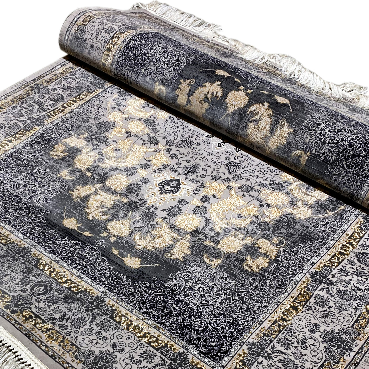 Rolled 160x230 rug, dark gray pattern with golden-beige flowers, fringes along the edge