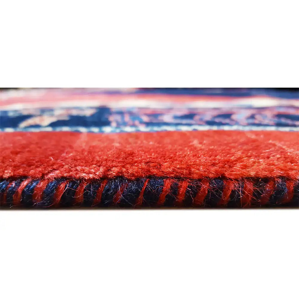 Close-up of a carpet edge: red pile over a blue border, side fringe strands