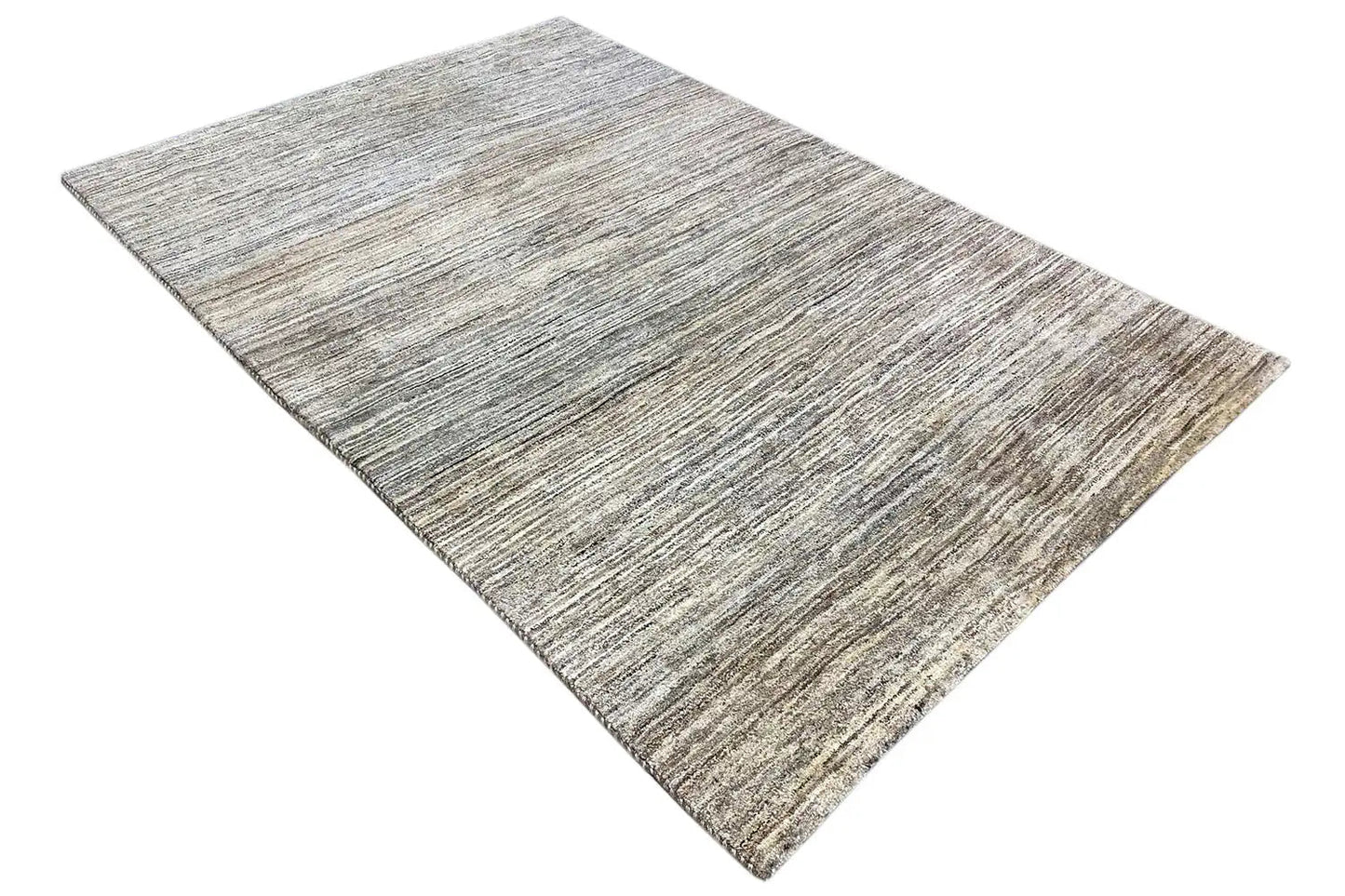 Gabbeh rug laid flat, longitudinally striped, light gray-beige textured pattern