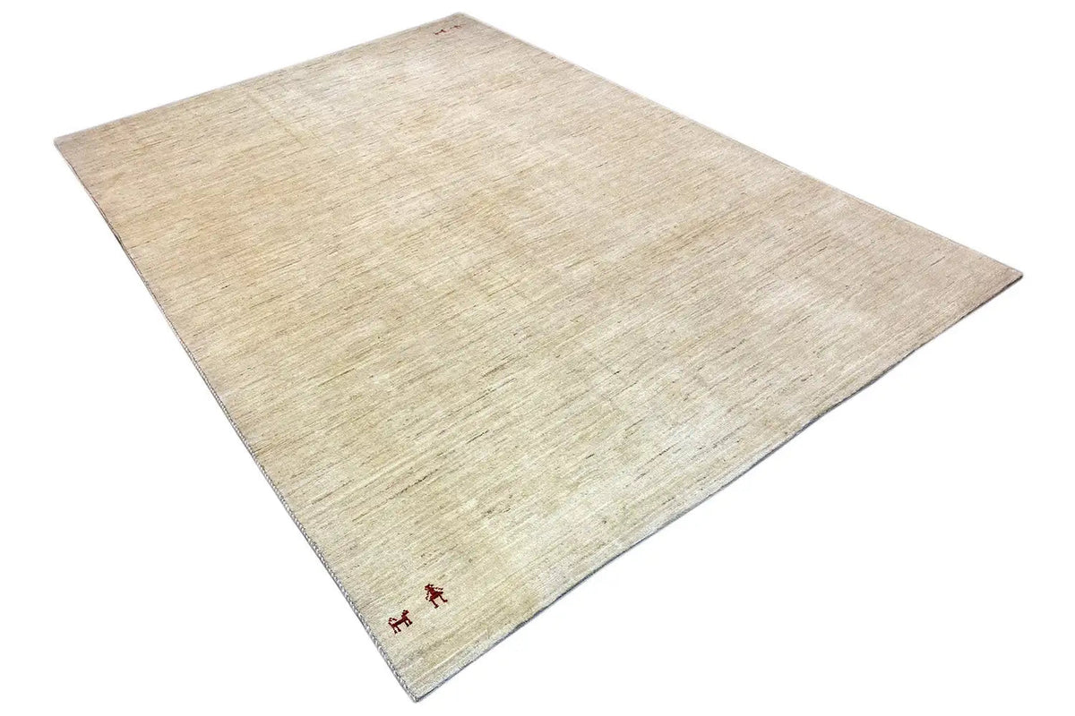 Beige Gabbeh rug with a mottled texture, corners with small motifs, 282×194 cm