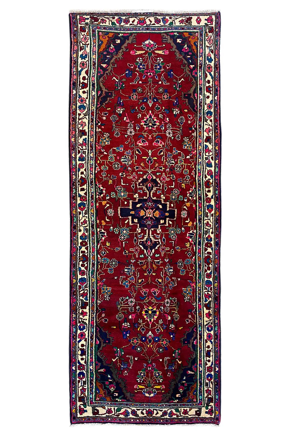 Hamadan runner, frontal view, red field with central medallion, multicolored border