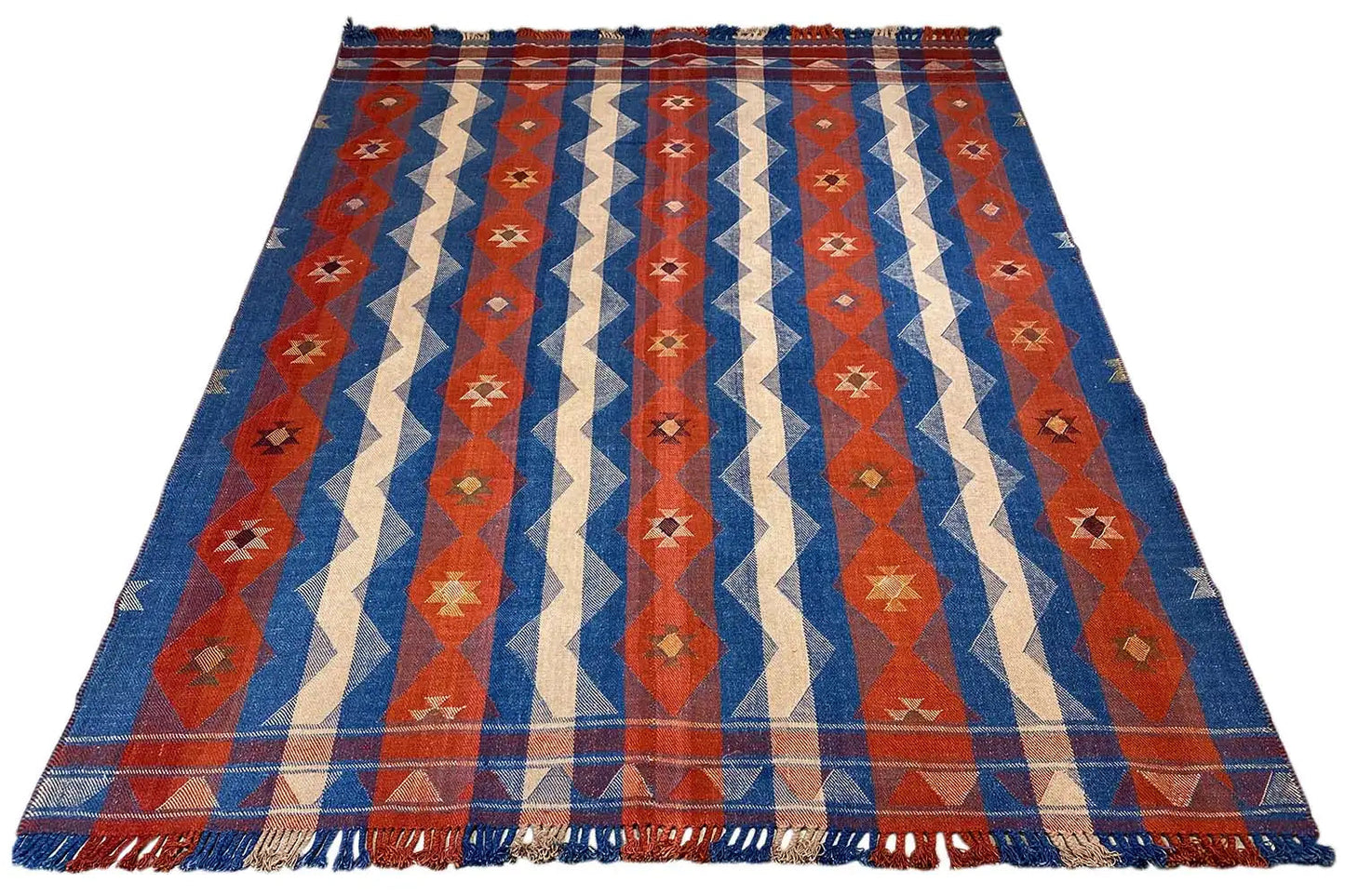 Jajim Exclusive rug 191x254 cm, blue-red-cream stripes, geometric motifs, fringes