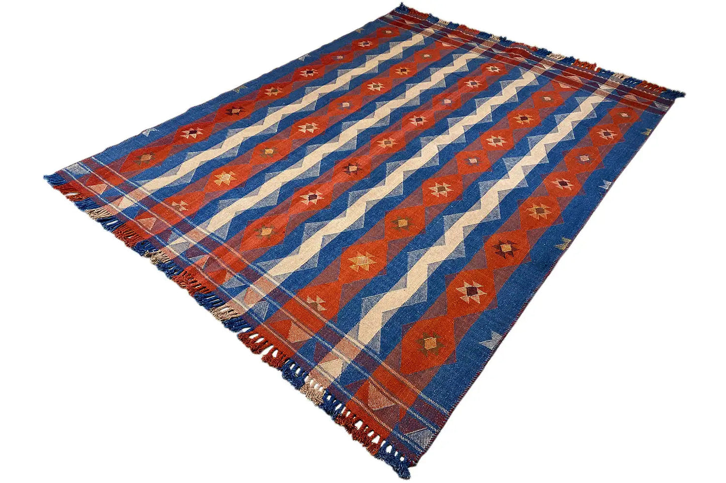 Jajim exclusive rug 191x254 cm, blue-red-cream striped pattern, geometric ornaments, fringes