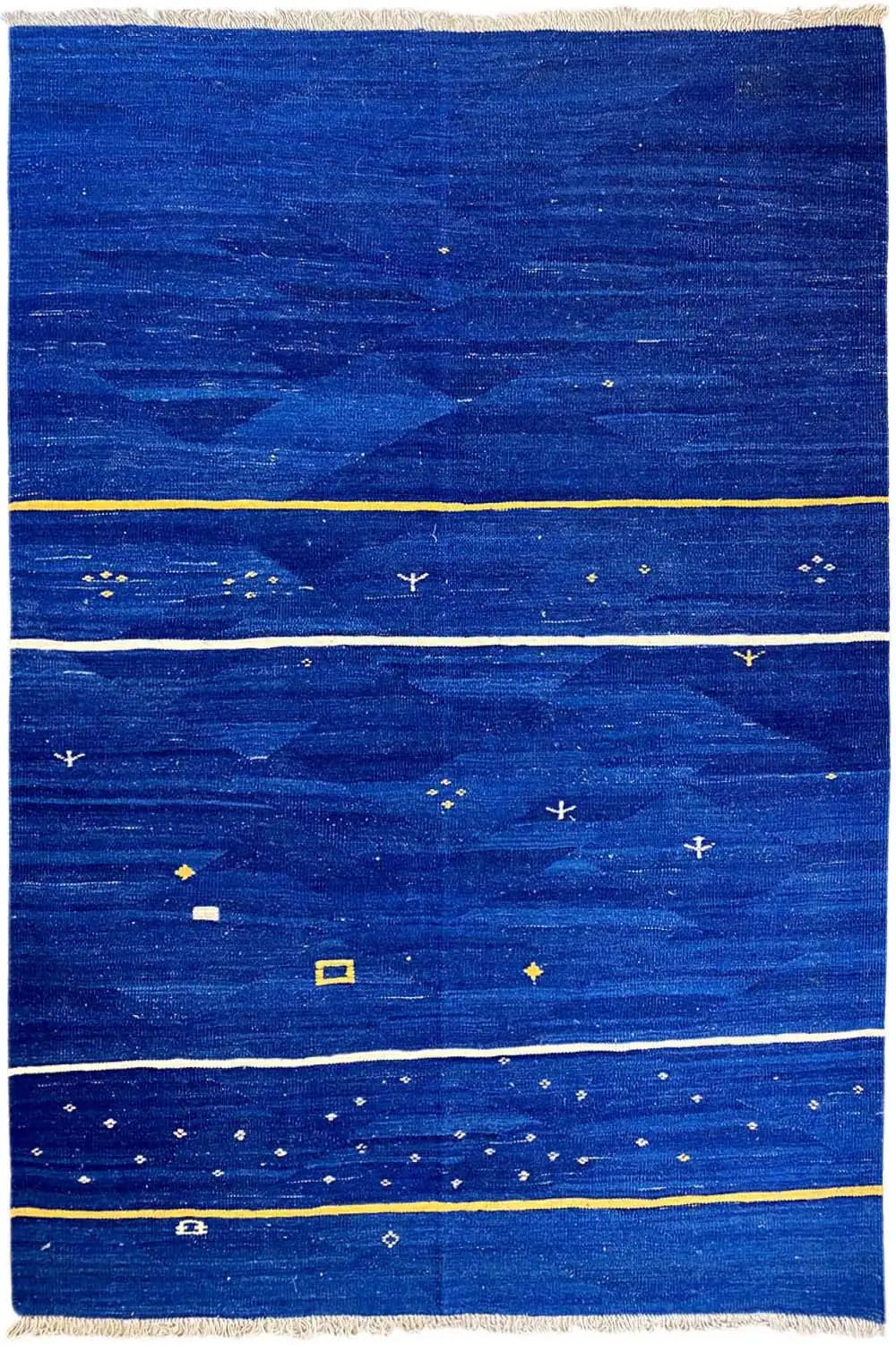 Qashqai kilim rug, dark blue with wide stripes and yellow ornaments