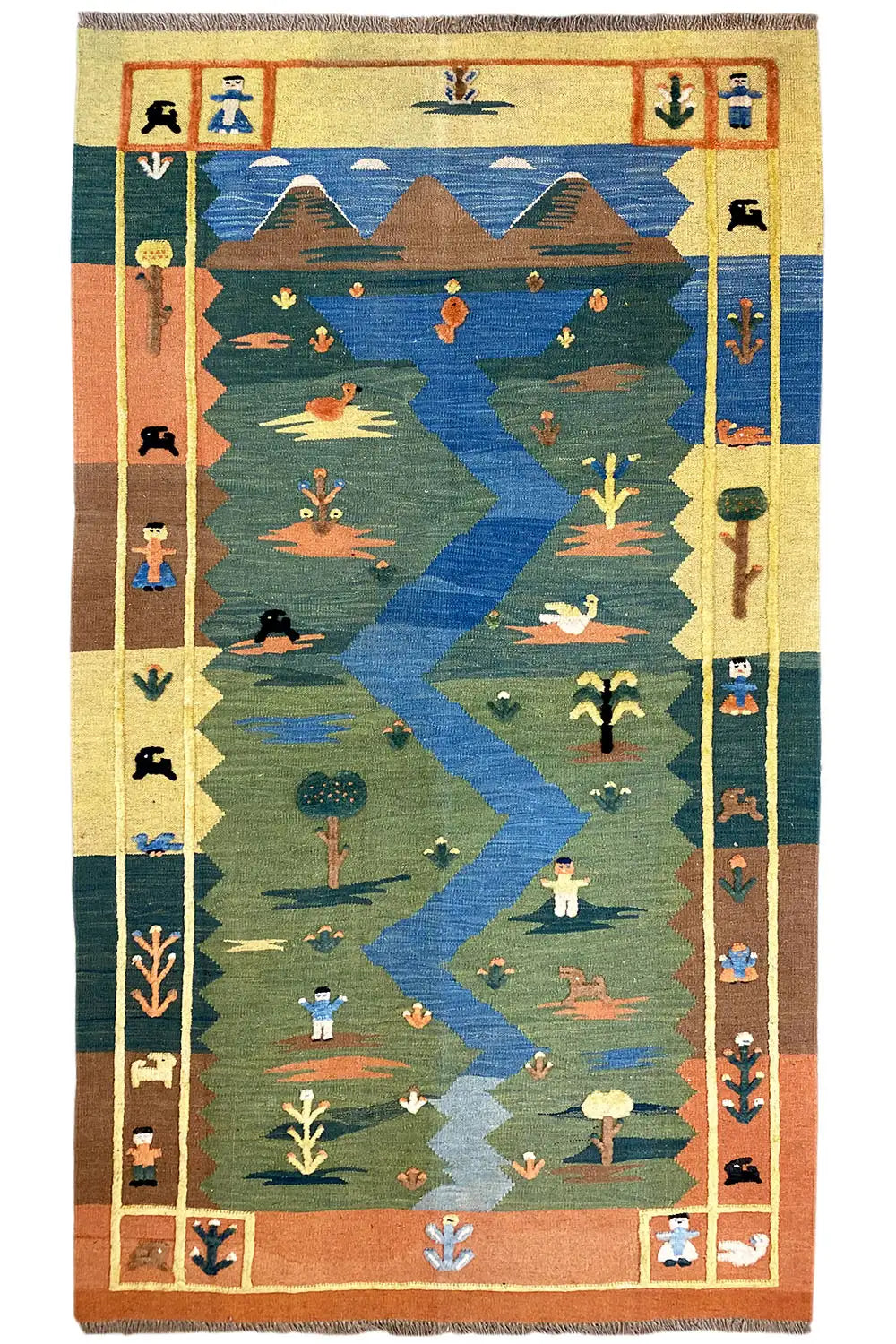 Rectangular kilim rug with a blue central band and figurative motifs, colorful border