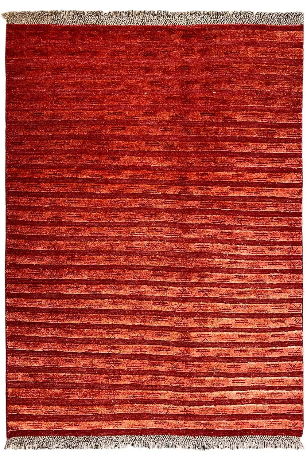 Rectangular red-brown Gabbeh rug with fine stripes and fringes