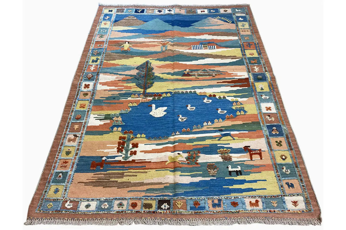 Full-size kilim rug with a landscape design, border ornaments, and fringes