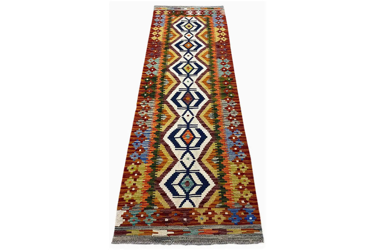 Afghan kilim runner, flat-woven, geometric patterns in brown, blue, and green