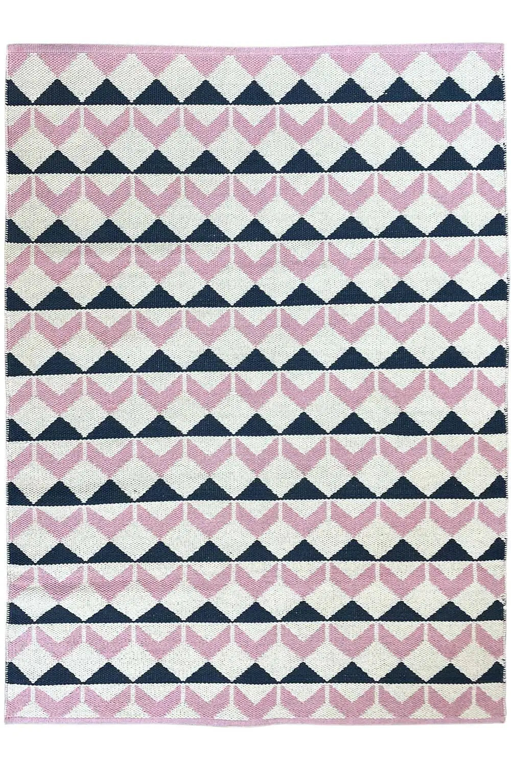 Square kilim rug, multicolored zigzag and triangular stripes in pink/white/blue