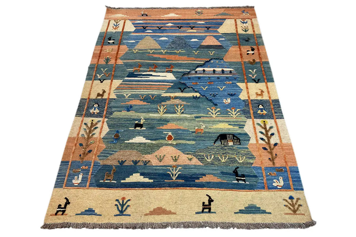Kilim rug with a landscape motif, blue central section, and orange decorative borders