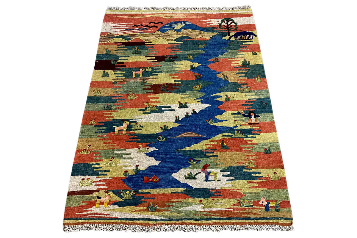 Kilim Qashqai rug with a multicolored landscape motif and fringes along the edge