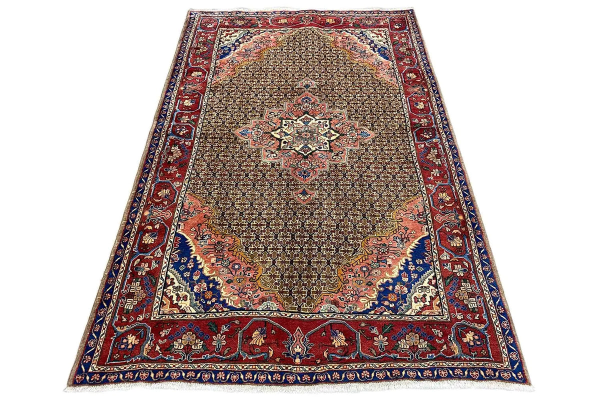 Hamadan rug, beige-brown background with a red border and blue patterned center
