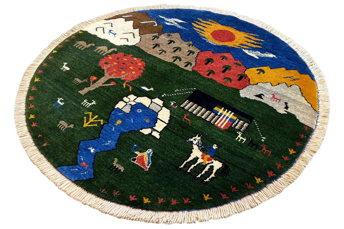 Round rug 96x96 cm: green with colorful sections, figures, and animals