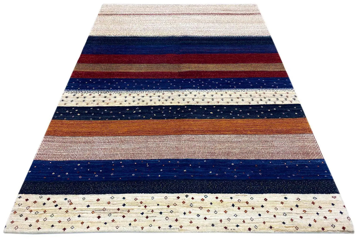 Gabbeh rug, laid diagonally: multicolored horizontal stripes and a dotted border