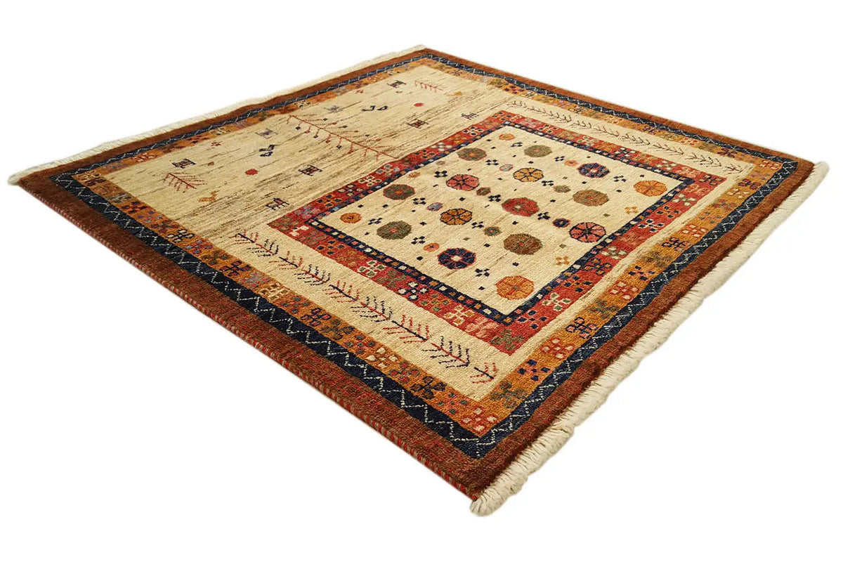 Oriental rug with a border and central medallion, cream with red and dark blue