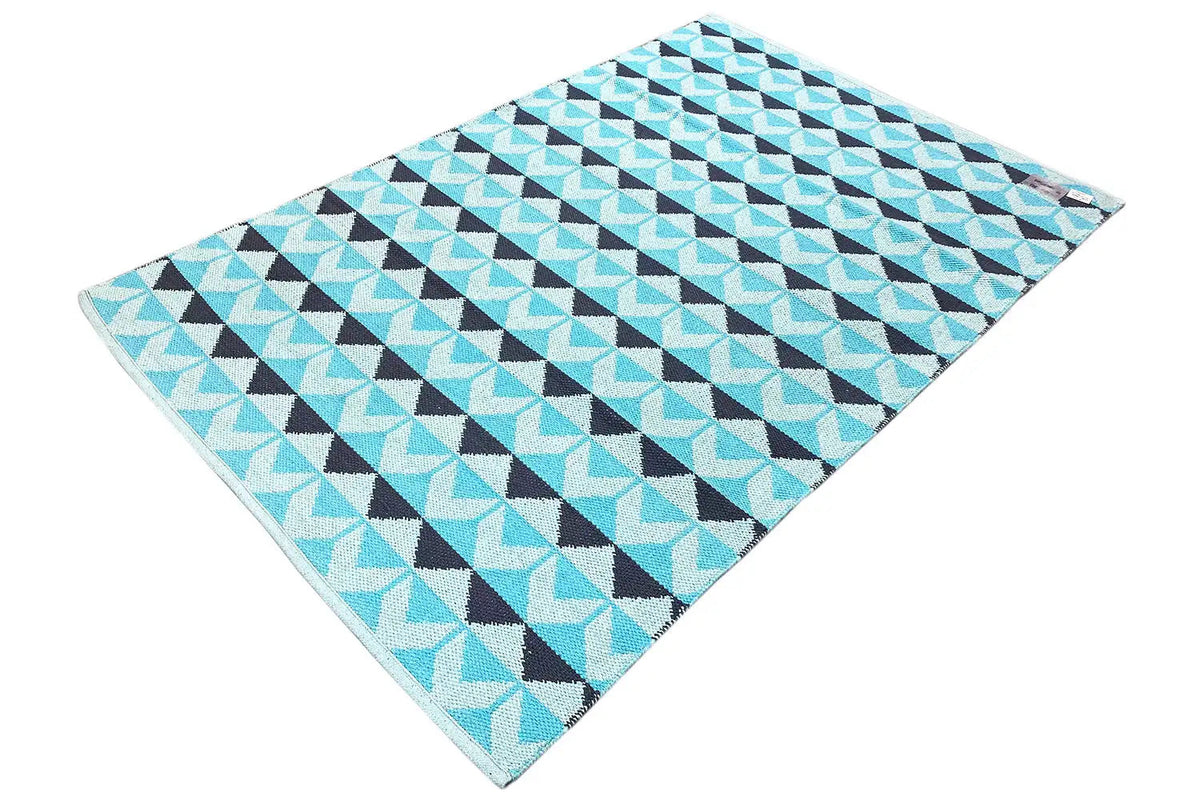 Rug with zigzag triangles in turquoise, white, and dark blue; corner in focus