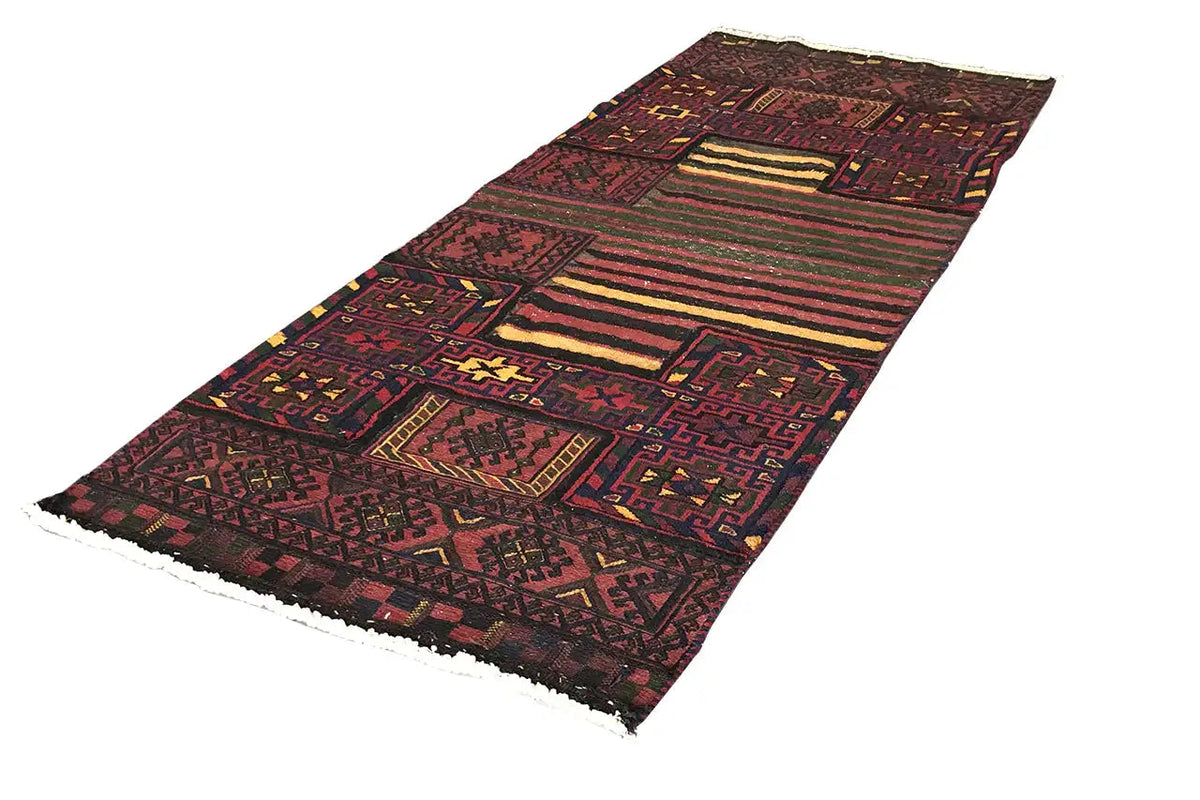Long Bakhtiari kilim with geometric panels, colorful stripes, and fringes
