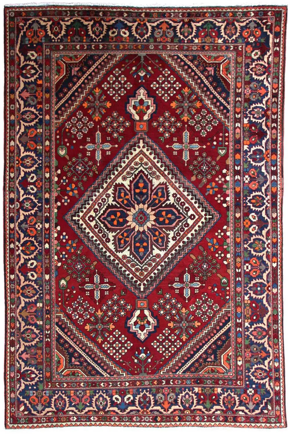 Oriental rug with a red ground and multicolored ornamental medallion, rectangular with a border