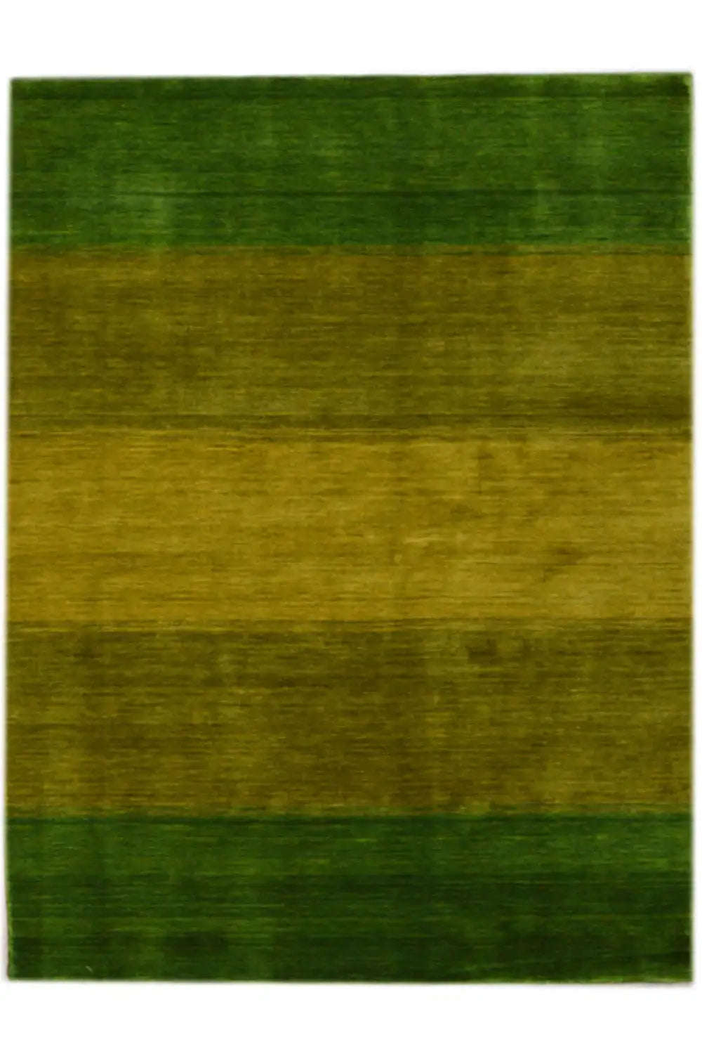 Green Gabbeh rug with narrow, horizontal color blocks and a short pile