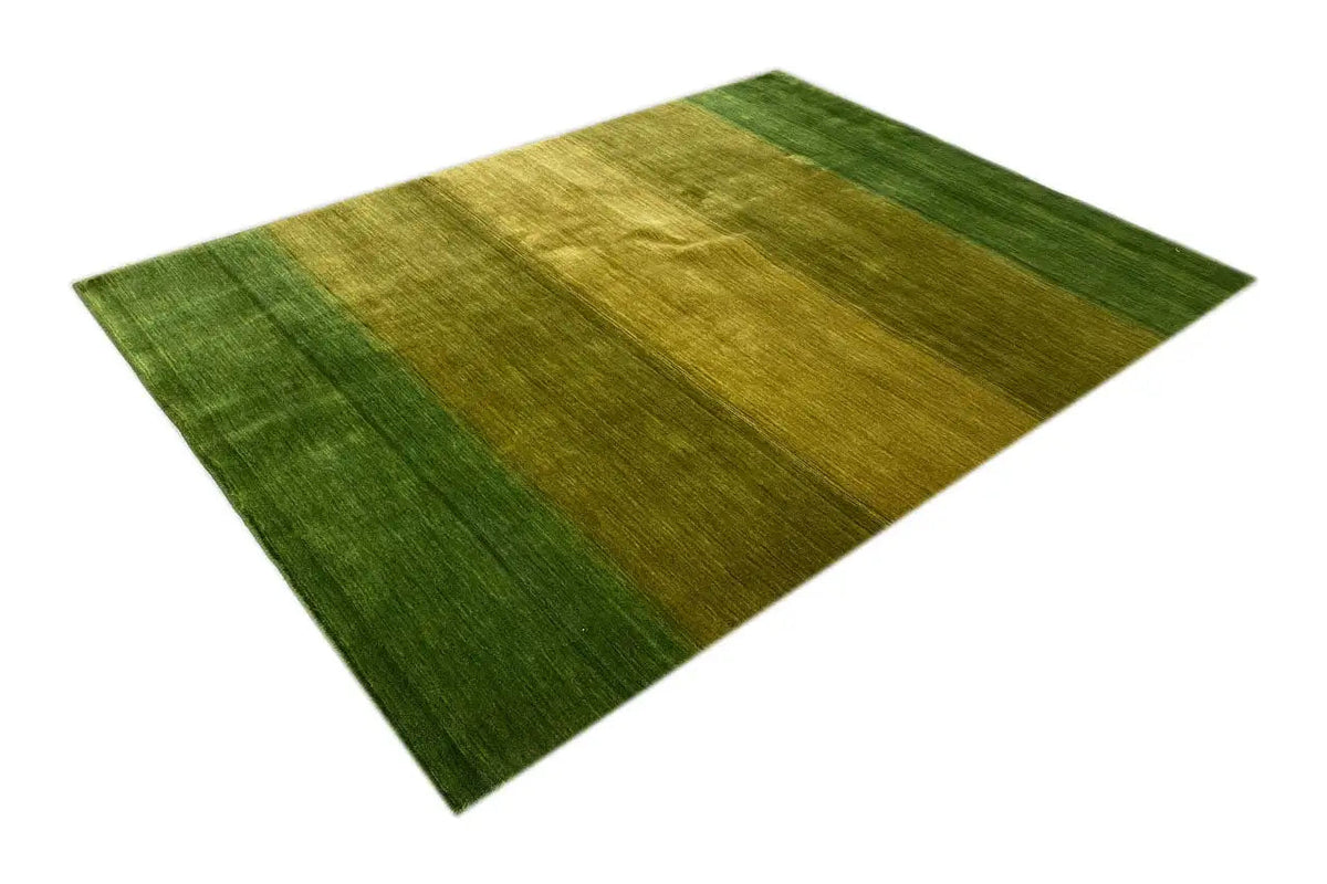 Gabbeh rug, green color blocks with horizontal stripes, lying flat