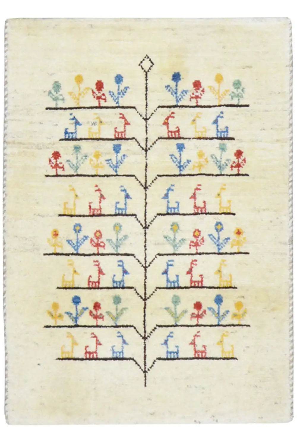 Gabbeh rug in cream with a multicolored tree motif and small figures, 88x60 cm