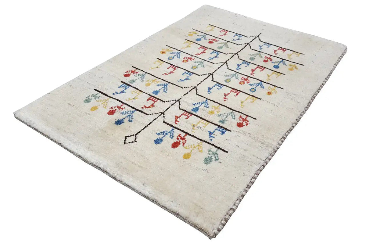 Gabbeh rug 88x60 cm, cream-colored, large tree motif with colorful figures