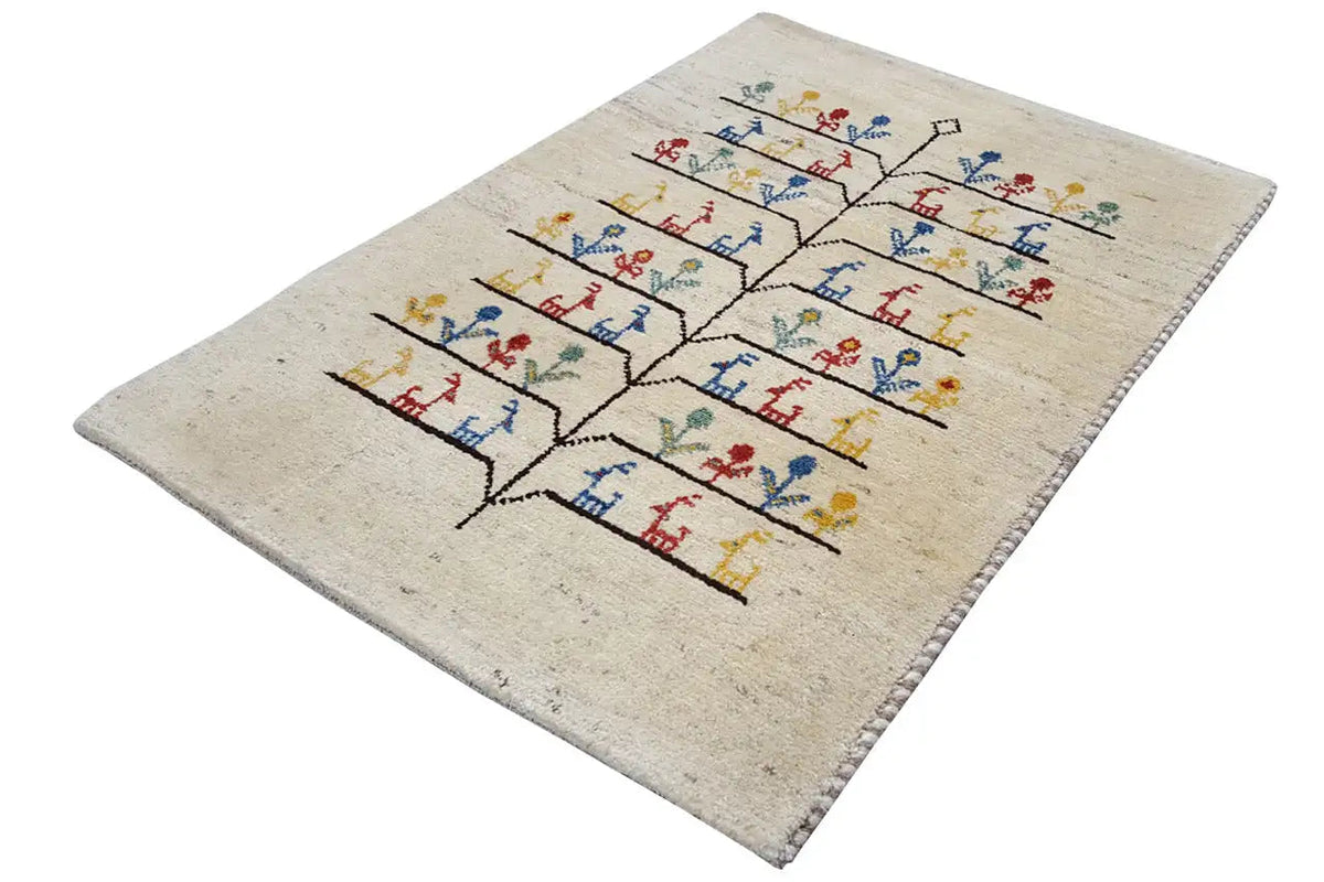 Gabbeh rug 88x60 cm with a symmetrical tree motif in blue, red, and yellow on cream