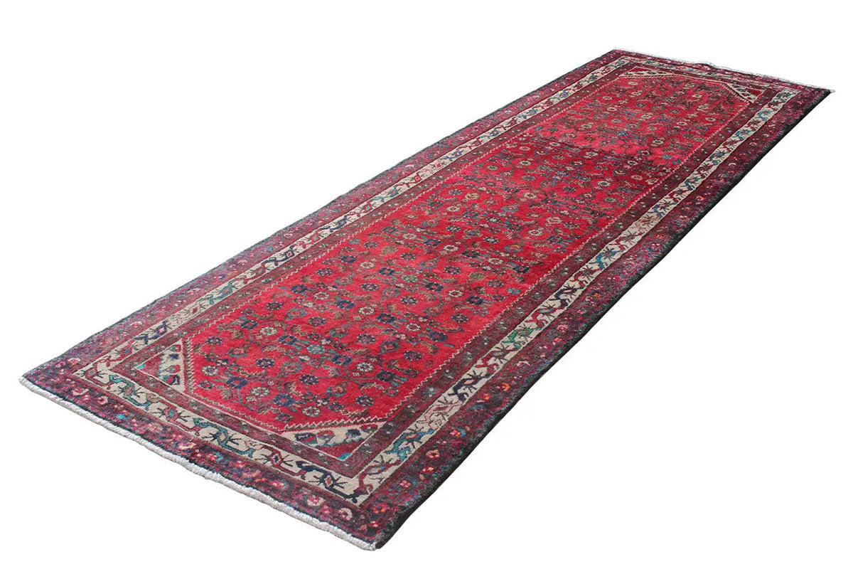 Hamadan runner 297x105 cm with a red pattern and dark blue border, flat-woven.