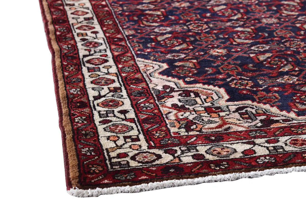 Oriental runner rug with a blue and red medallion pattern and a wide border frame
