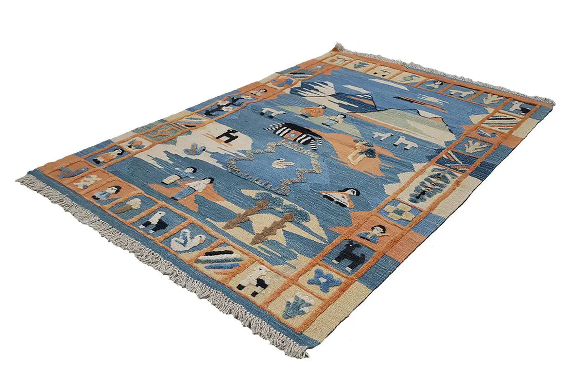 Kilim rug Qashqai 152x104 cm, diagonal view, blue pattern with figures and animals