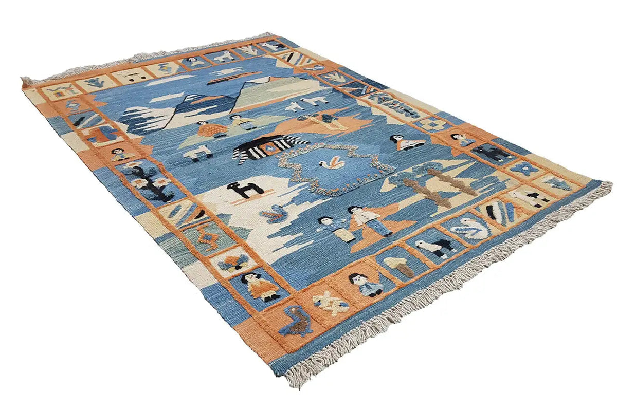 Qashqai kilim rug 152x104 cm, blue field with landscape and animal motifs