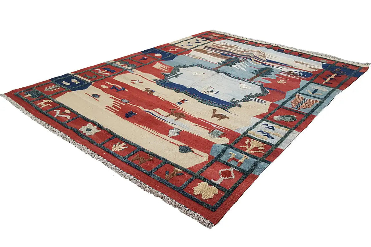 Kilim Qashqai rug with a red, blue, and beige pattern, square with fringes