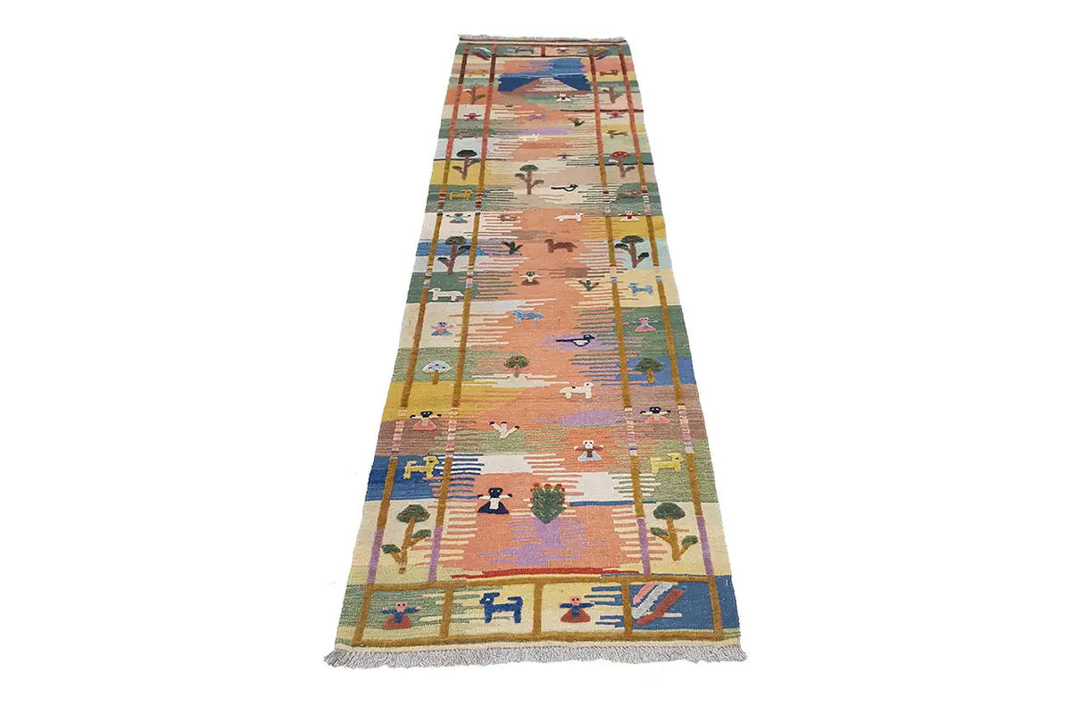 Kilim rug, elongated runner with a colorful pattern and fringes, approx. 310×84 cm