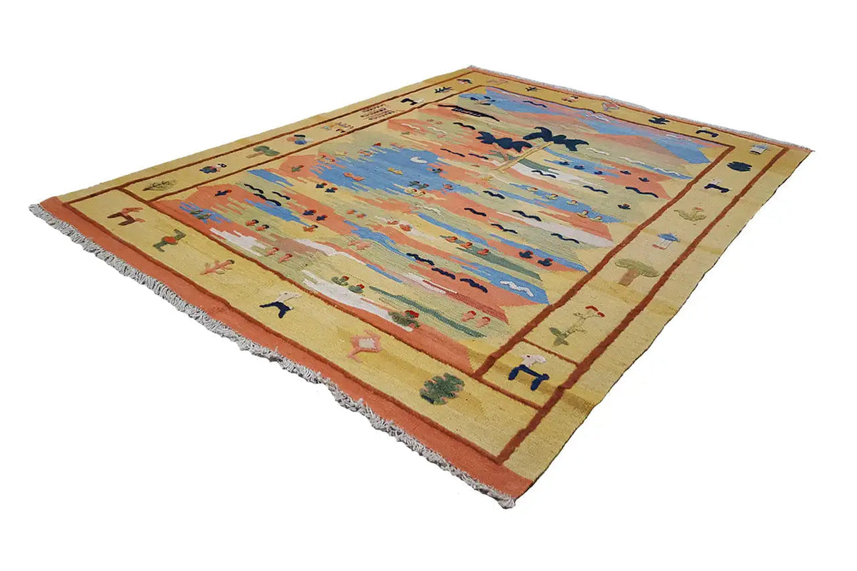Kilim rug with a colorful landscape pattern and fringes, rectangular, multicolored