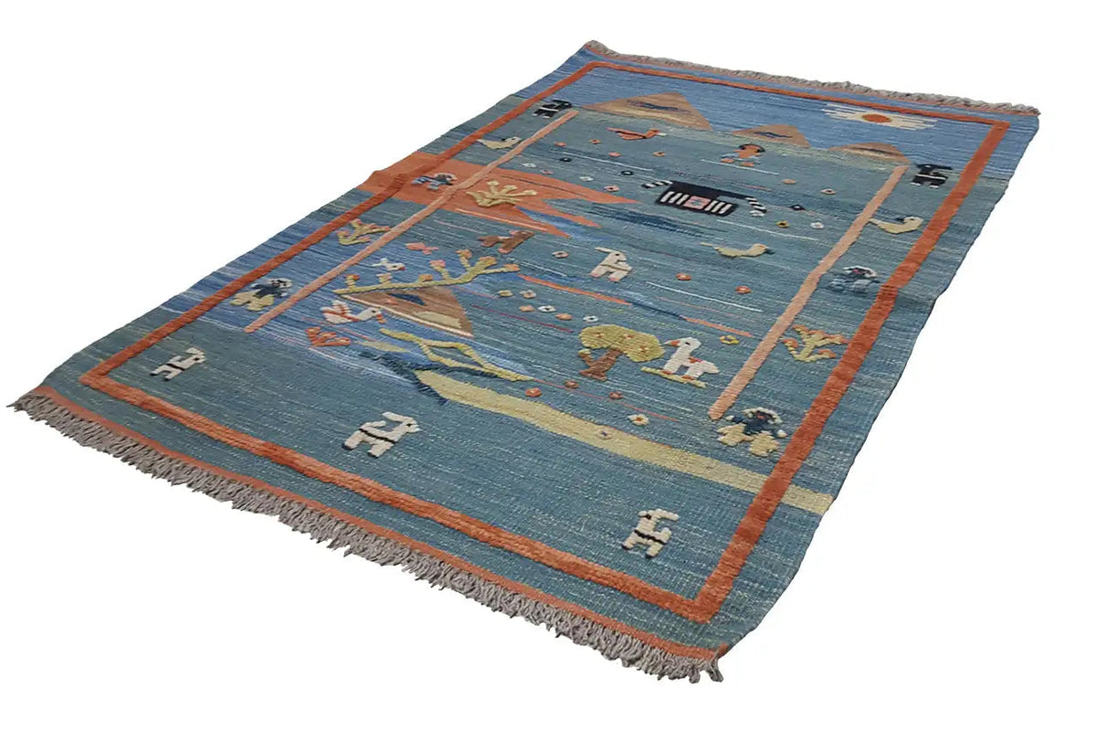 Blue kilim rug with an orange border and geometric-figurative motifs