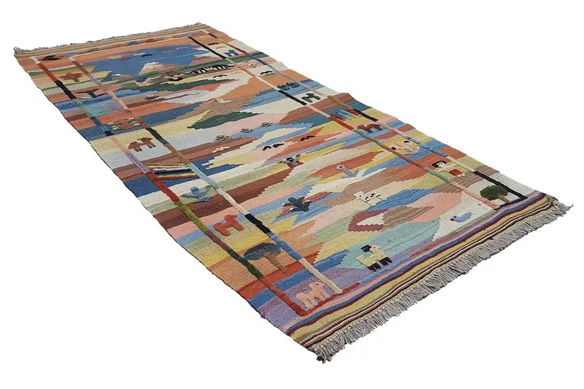 Woven rug with landscape and line patterns in blue, beige, and brown, with fringes
