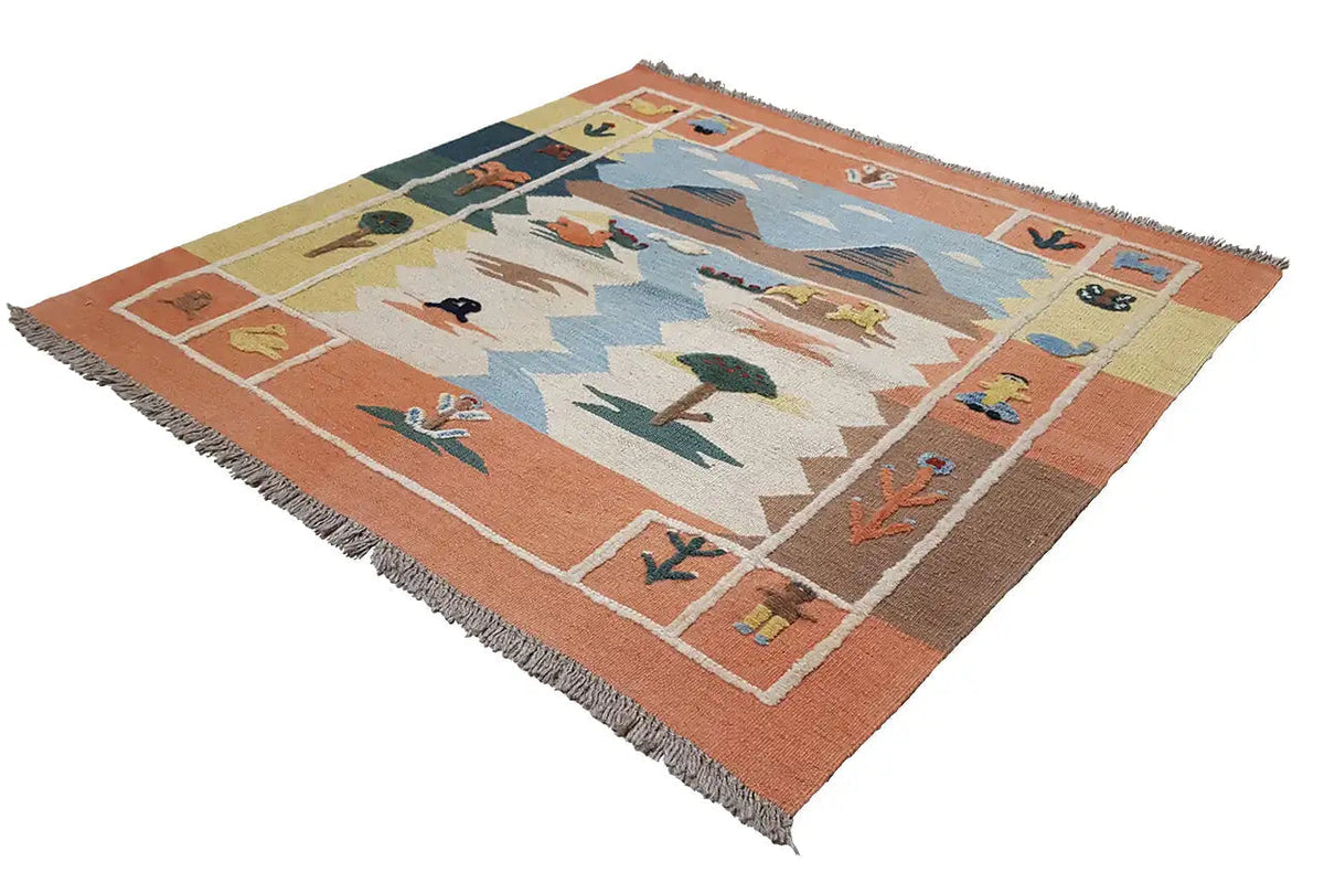 Kilim rug, rotated view; multicolored geometric pattern, orange border